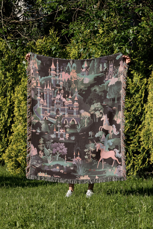Whimsical Unicorn & Castle Woven Throw Blanket - MagicMerchEmporium