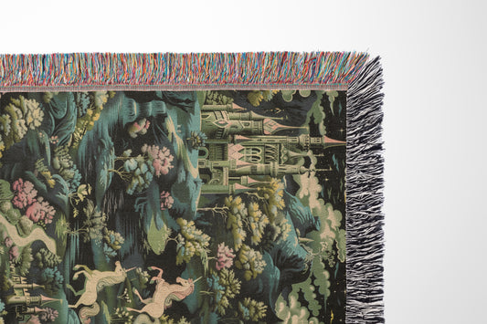 Mystical Castle & Unicorn Woven Throw Blanket - MagicMerchEmporium
