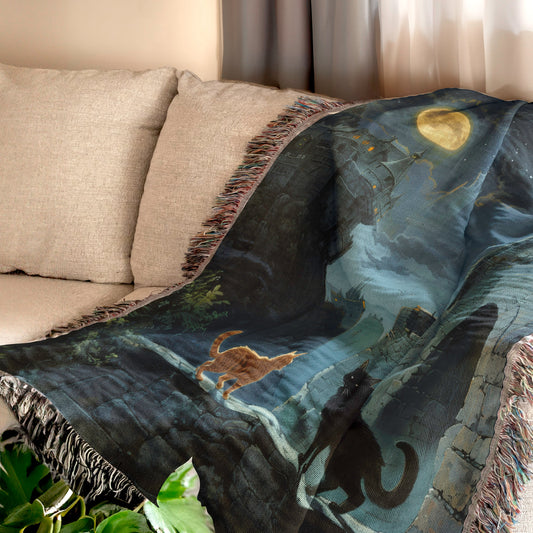 Gothic Cat Moonlight Woven Throw Blanket - MagicMerchEmporium