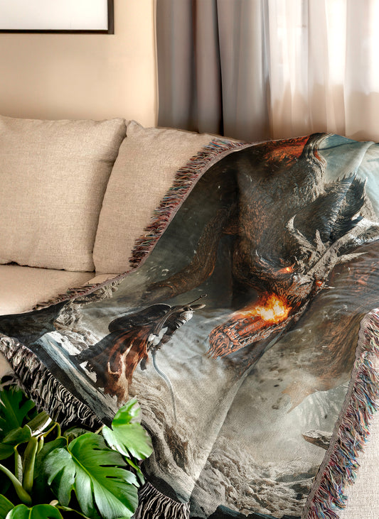 Dragon vs Knight Woven Throw Blanket - MagicMerchEmporium