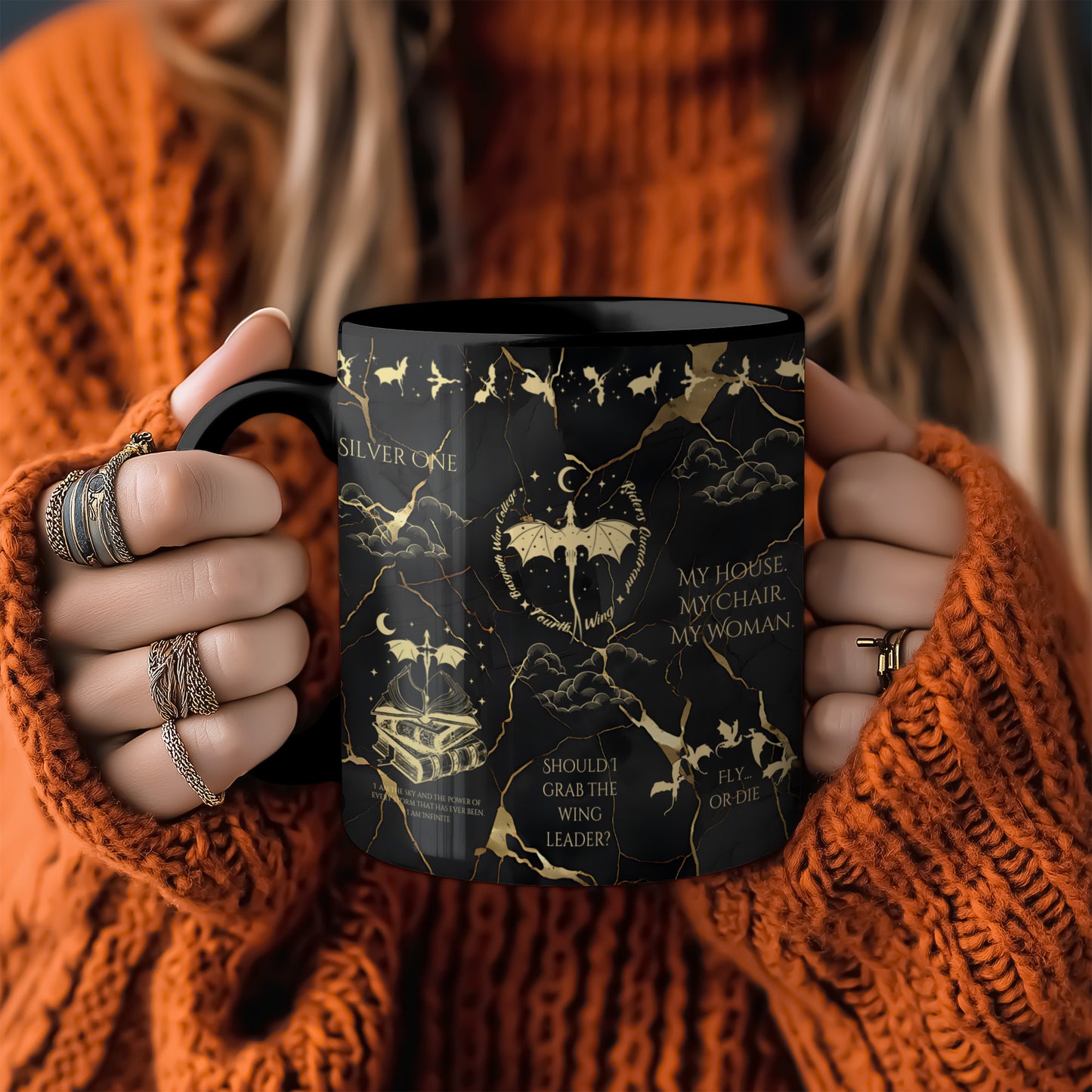 🐉 Fourth Wing Black & Gold Mug | Xaden & Violet Romantasy Cup