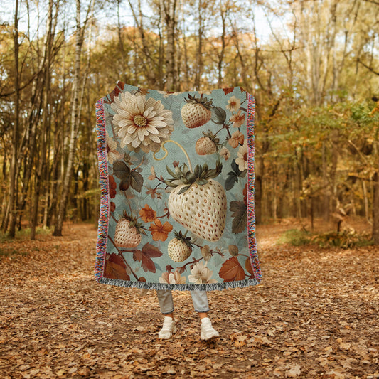 Vintage Cottagecore Strawberry & Floral Woven Throw Blanket - MagicMerchEmporium