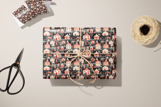 Dark Christmas Village Wrapping Paper