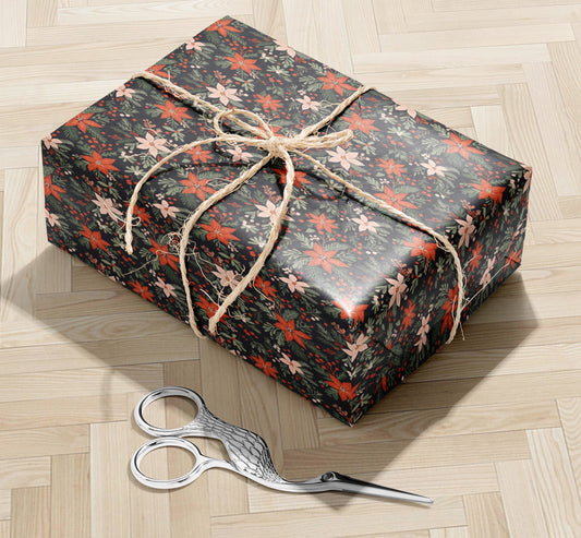 Black Poinsettia Christmas Wrapping Paper