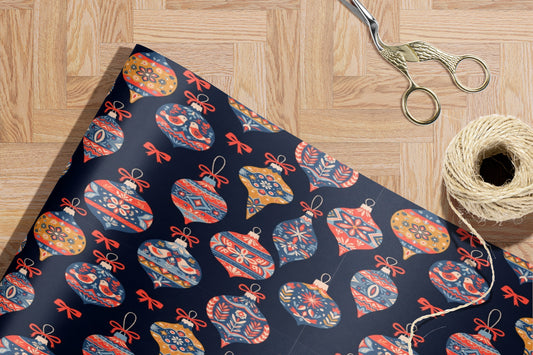 Navy Gift Wrap with Red & Blue Christmas Ornaments