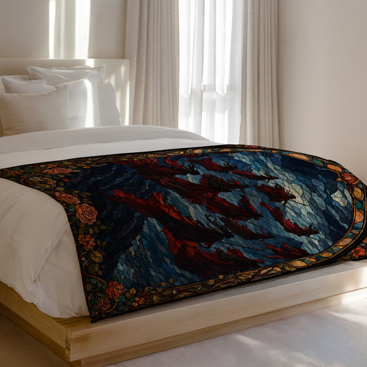Tapestry bed runner with stained-glass dragons and roses design on a wooden bed.