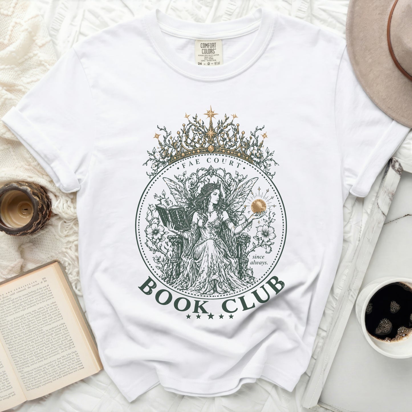 White t-shirt with "Fae Court Book Club" in a circular design.