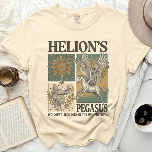 Helion's Pegasus t-shirt with sun, saddle, and winged horse graphic.