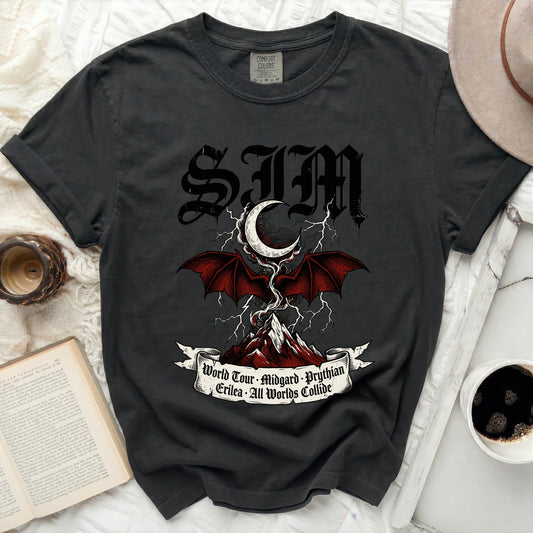 Black Comfort Colors t-shirt with "SIM" logo, dragon, and world tour text.