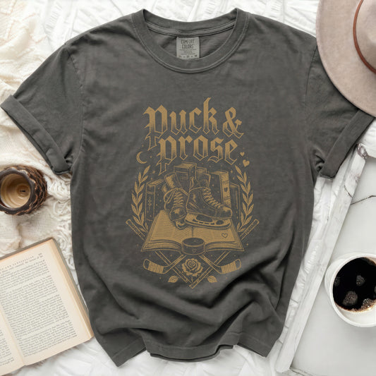 Dark grey t-shirt with "Duck & Prose" text and hockey imagery.