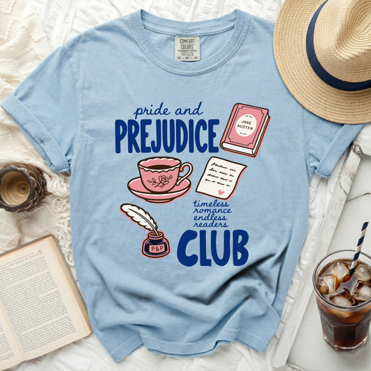 Light blue t-shirt with "Pride and Prejudice Club" graphic, featuring Jane Austen book and teacup.