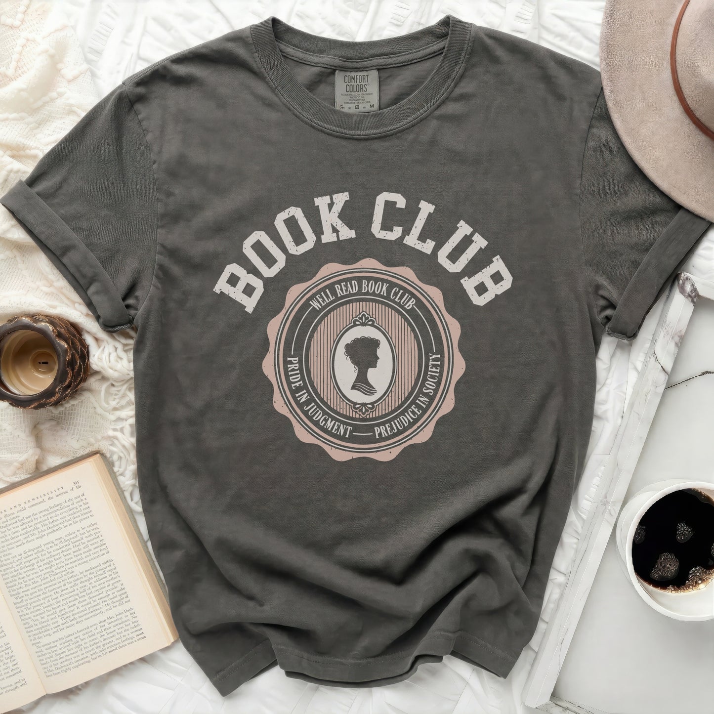 Book Club graphic tee with silhouette and quote, "Pride in Judgment - Prejudice in Society."