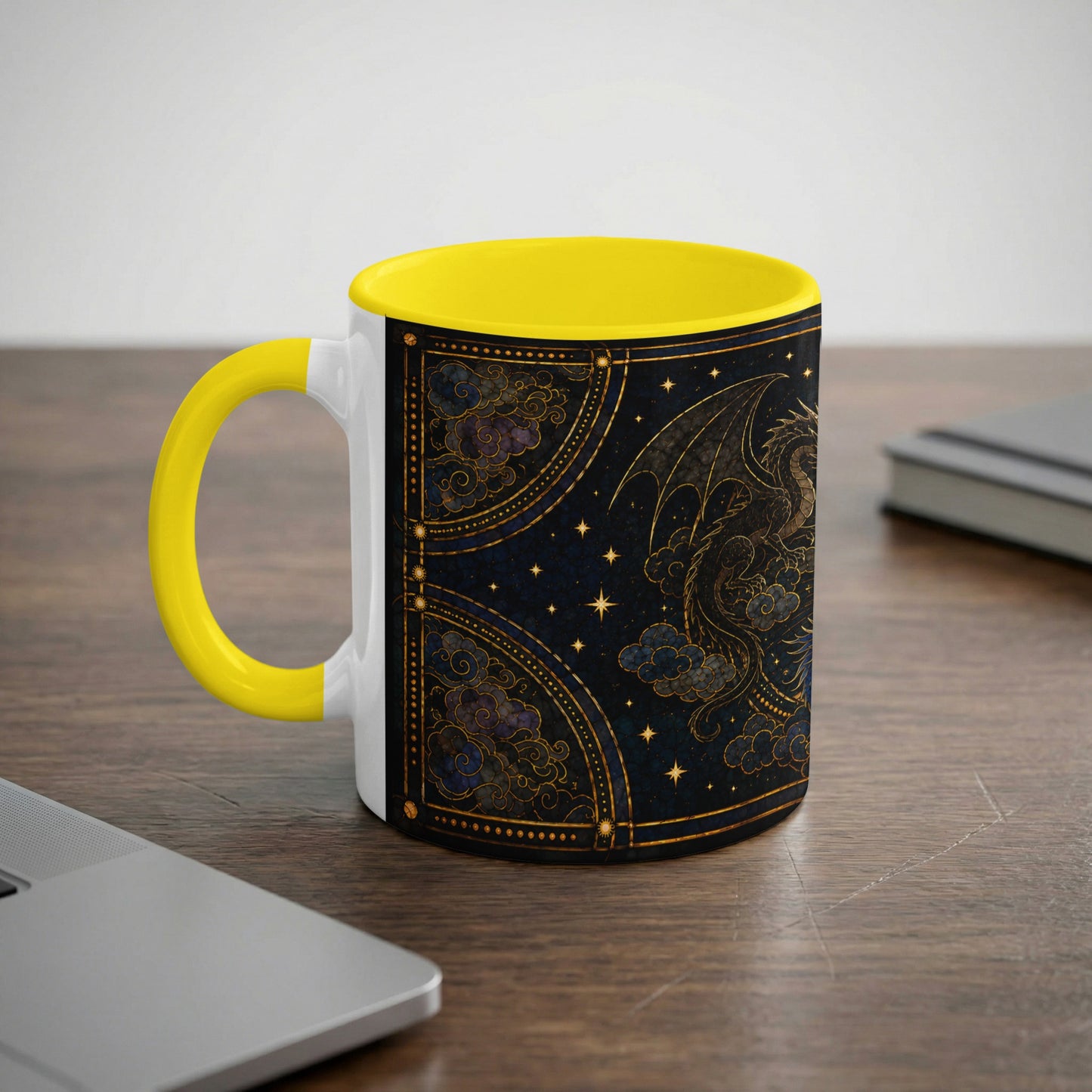 White mug with yellow handle, featuring a dark blue celestial dragon design.