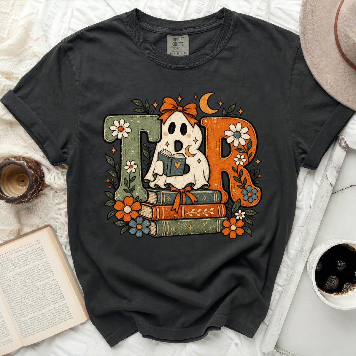 Dark grey t-shirt with "TBR" graphic featuring a reading ghost and stacked books.
