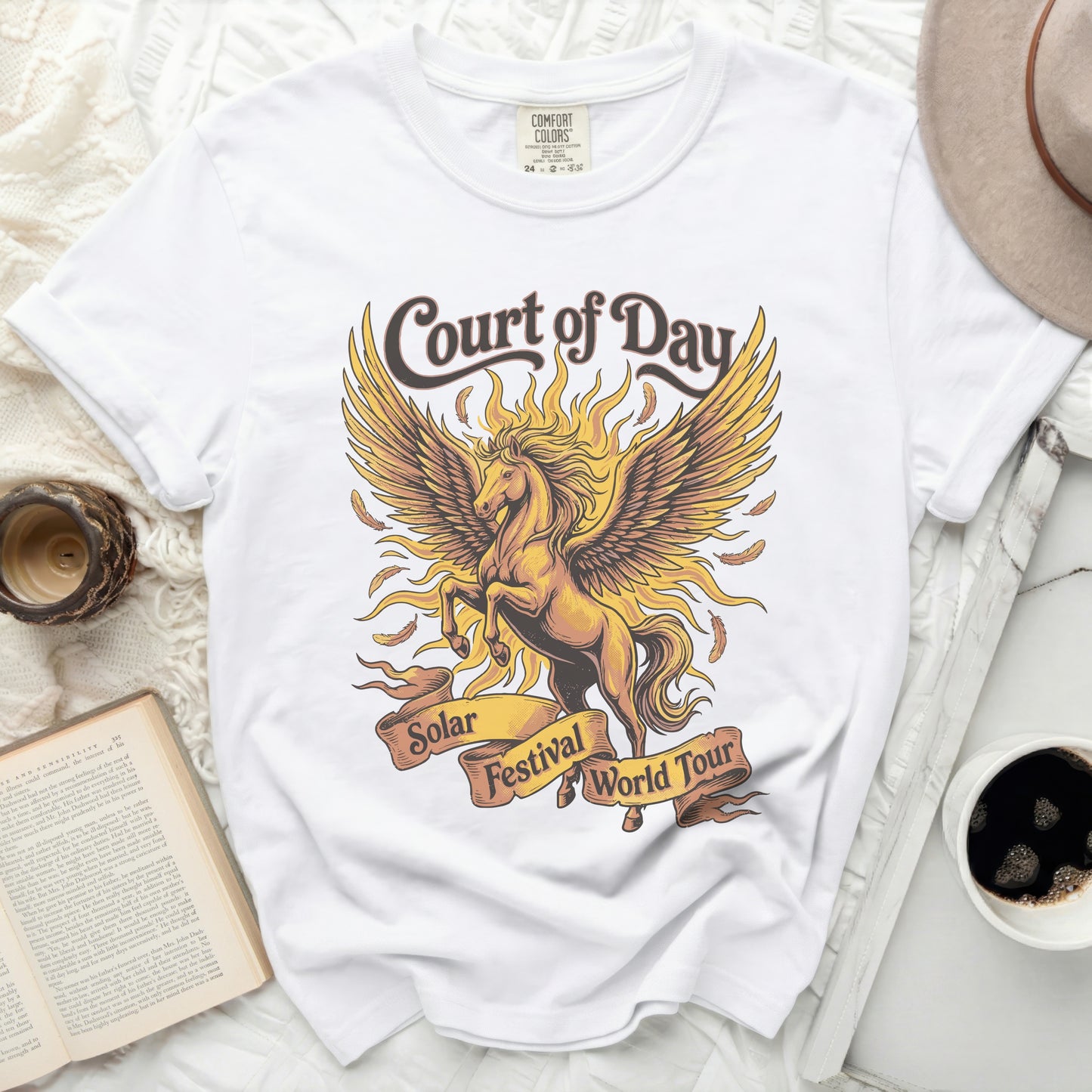 White t-shirt with Pegasus graphic and "Court of Day Solar Festival World Tour" text.