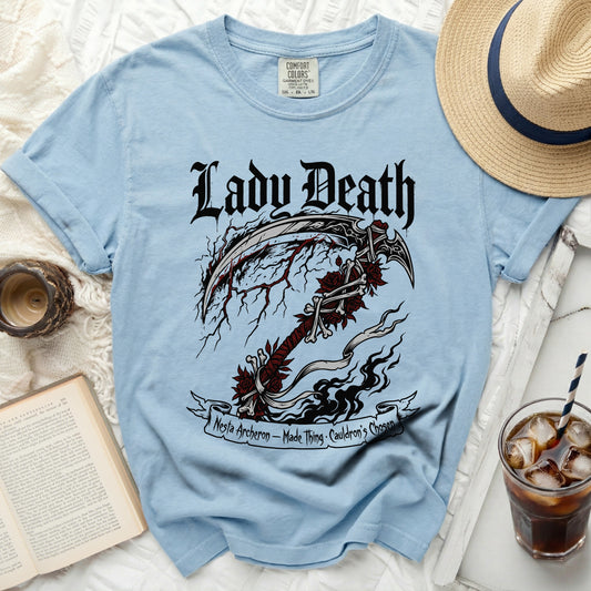 Light blue t-shirt with "Lady Death" and a scythe graphic, referencing "Nesta Archeron".