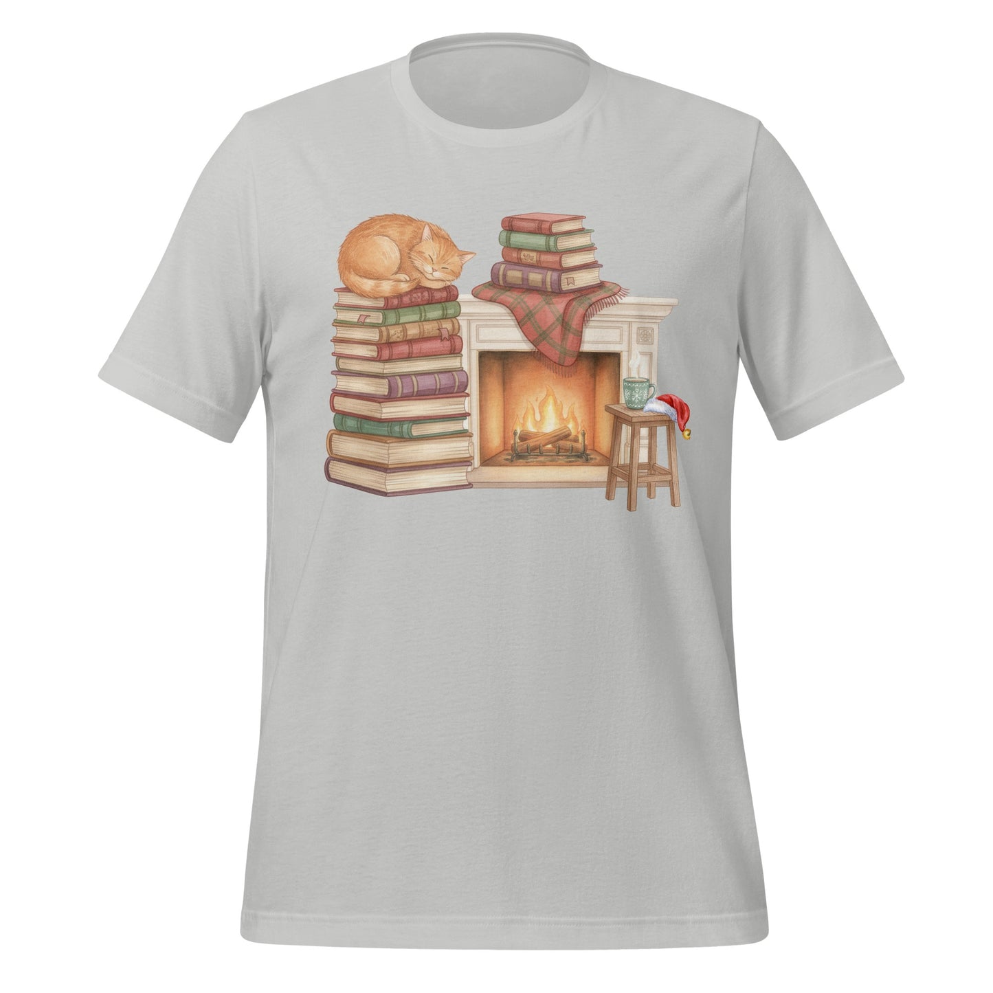 Cozy Cat by Fireplace with Books Graphic T-Shirt