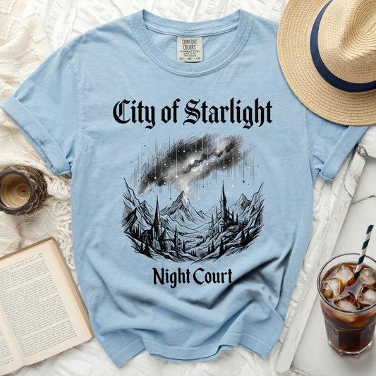 Light blue t-shirt with "City of Starlight Night Court" text and graphic.
