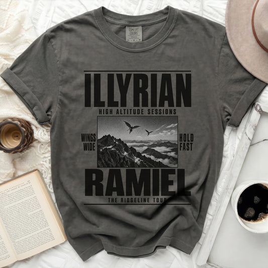 Dark grey t-shirt with "ILLYRIAN HIGH ALTITUDE SESSIONS" and "RAMIEL THE RIDGELINE TOUR" text.