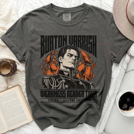 Gray Comfort Colors shirt with Burton Warrish graphic and "Weakness Reader Tour" text.