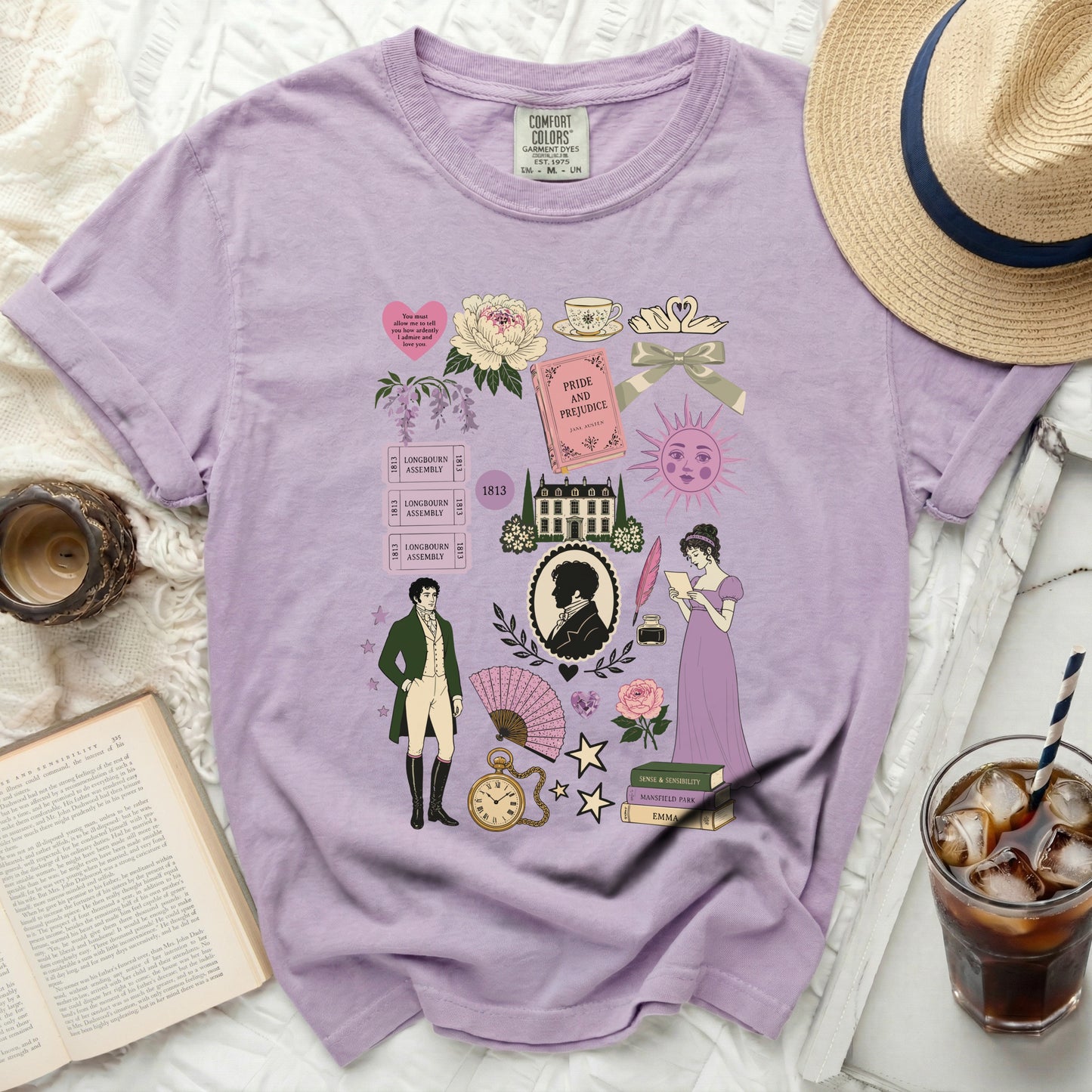 Lavender Comfort Colors t-shirt with a collage of Jane Austen-themed illustrations.