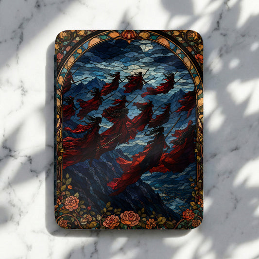 Stained glass art of figures in red robes with spears against a mountainous, cloudy sky.