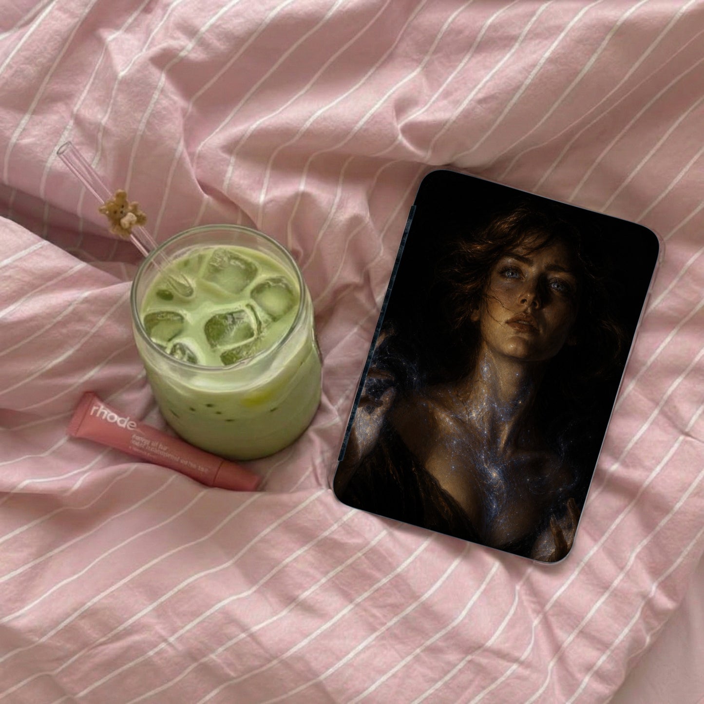 Glass of green matcha drink with ice next to a Rhode lip balm and a phone case.