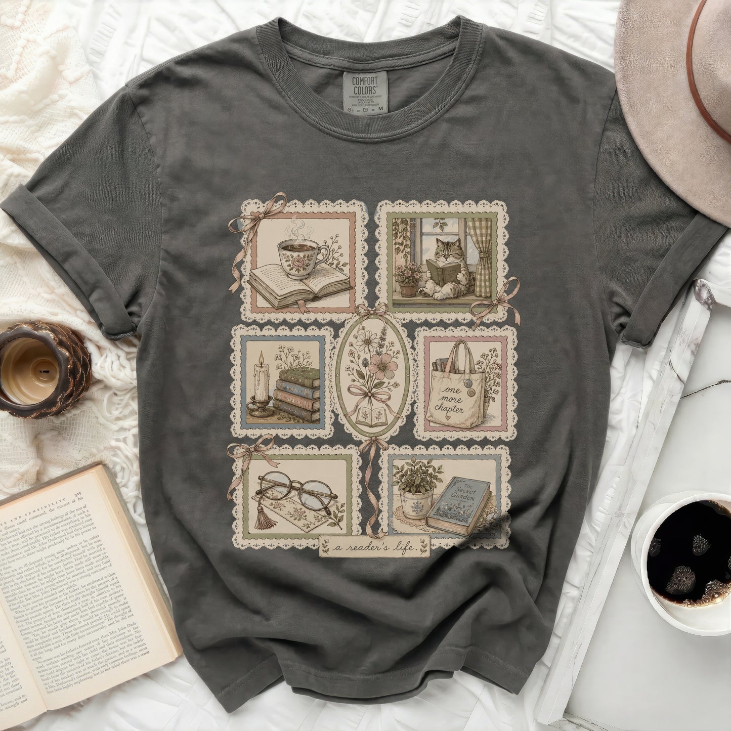 T-shirt with vintage book and tea cup framed illustrations and "a reader's life" text.