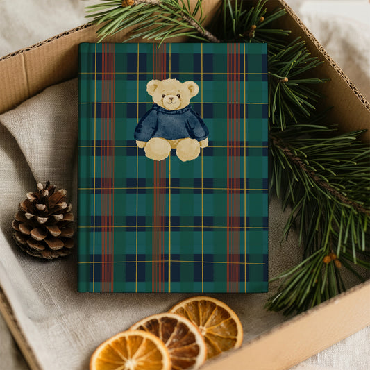 Cute Bear in Blue Sweater on Plaid Design Notebook