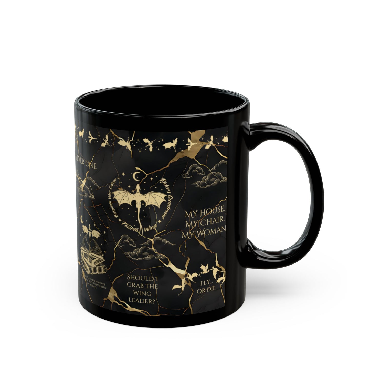 a black and gold coffee mug with a picture of a horse