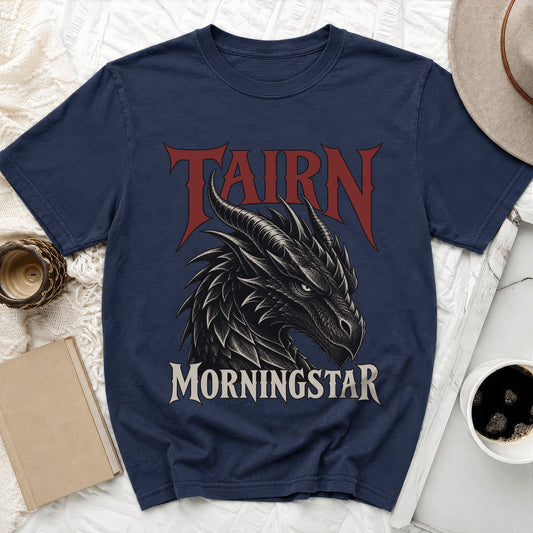 Navy t-shirt with black dragon graphic and text "TAIRN MORNINGSTAR".