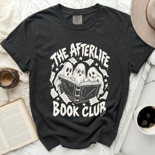 Black t-shirt with "The Afterlife Book Club" graphic featuring ghosts reading.