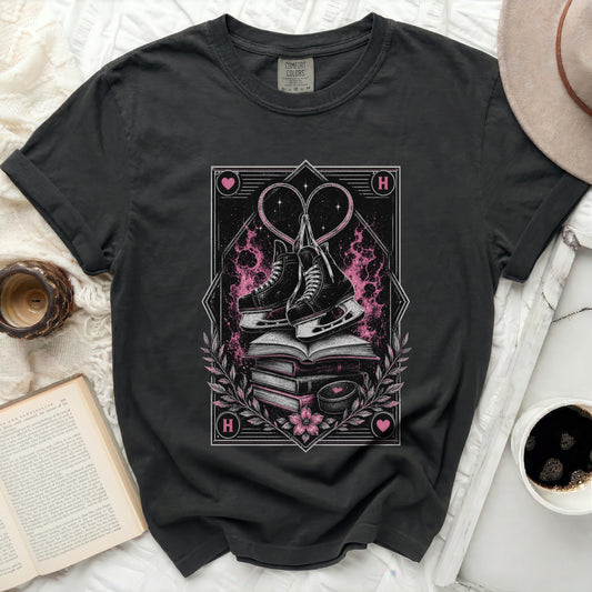Skates and hearts graphic on a dark Comfort Colors t-shirt.
