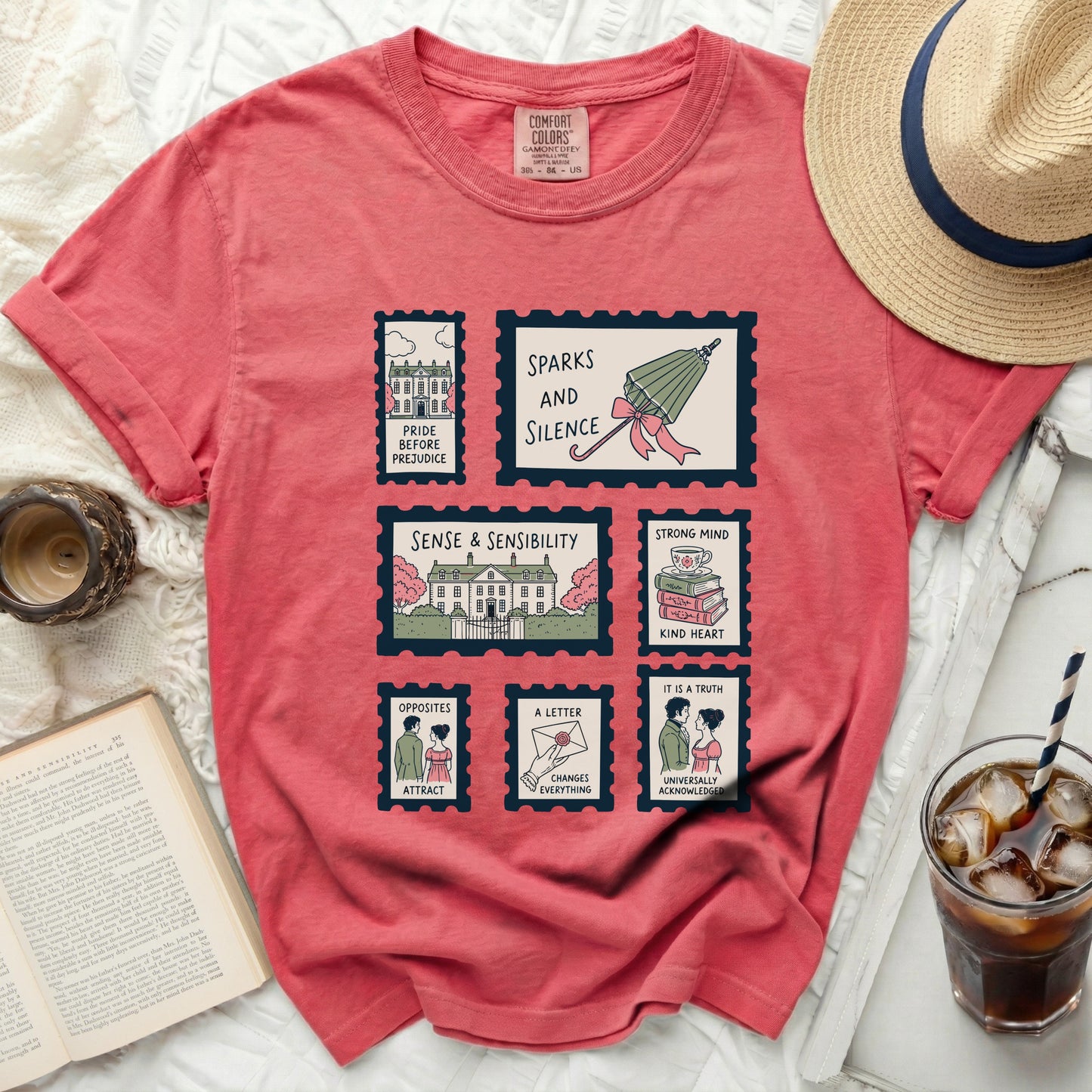 Coral Comfort Colors tee with "Pride and Prejudice" stamp graphics.