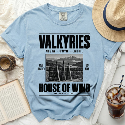 Light blue t-shirt with "Valkyries House of Wind" text and swords graphic.