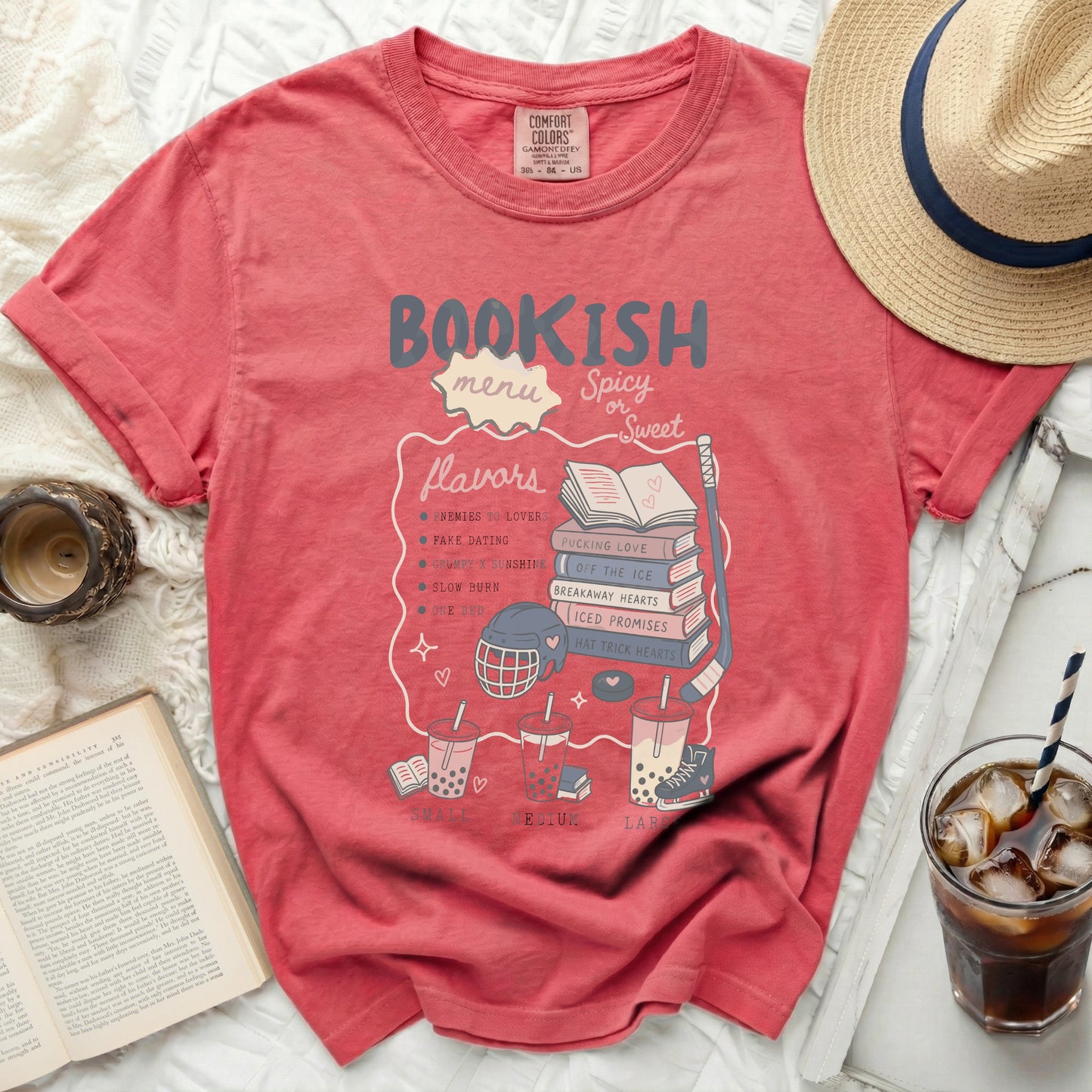 Red t-shirt with "Bookish Menu" and spicy/sweet romance tropes.