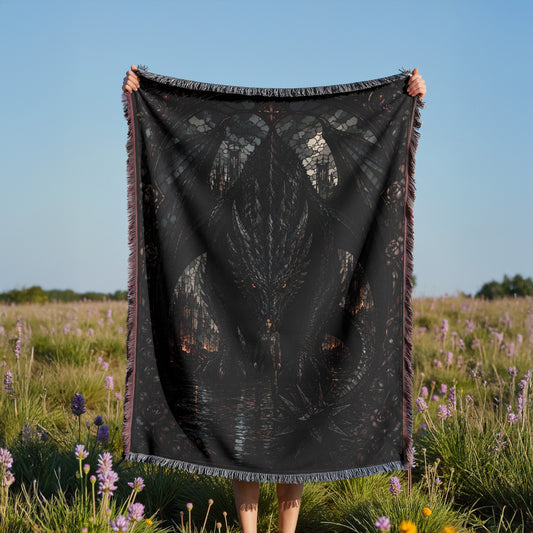 A person is holding up a large black blanket with a detailed design in a field of purple flowers.