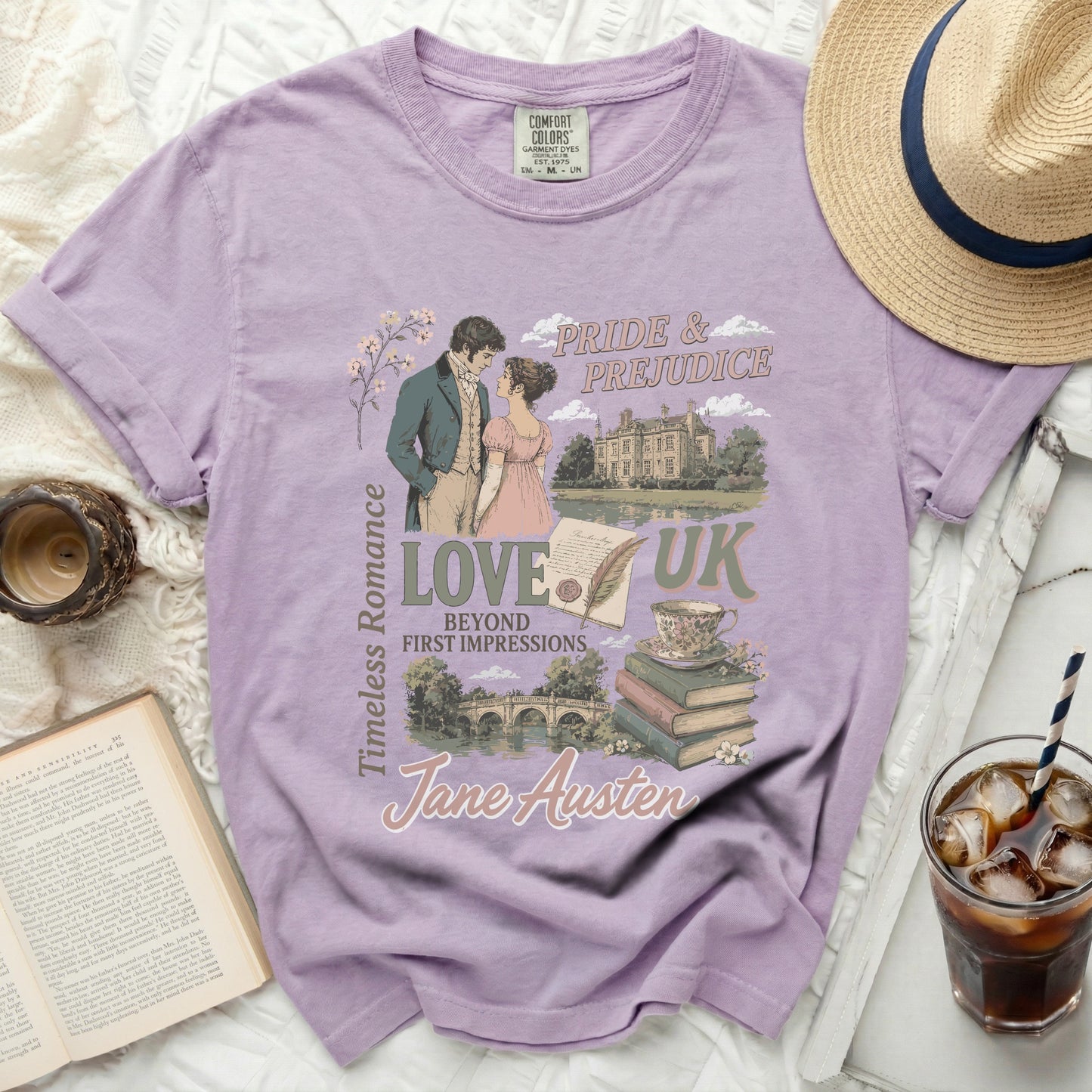 Pride & Prejudice and Love UK shirt with Jane Austen illustrations and text.