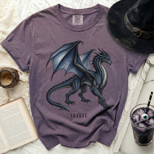 Purple t-shirt with a blue dragon graphic and "SGAEYL" text.