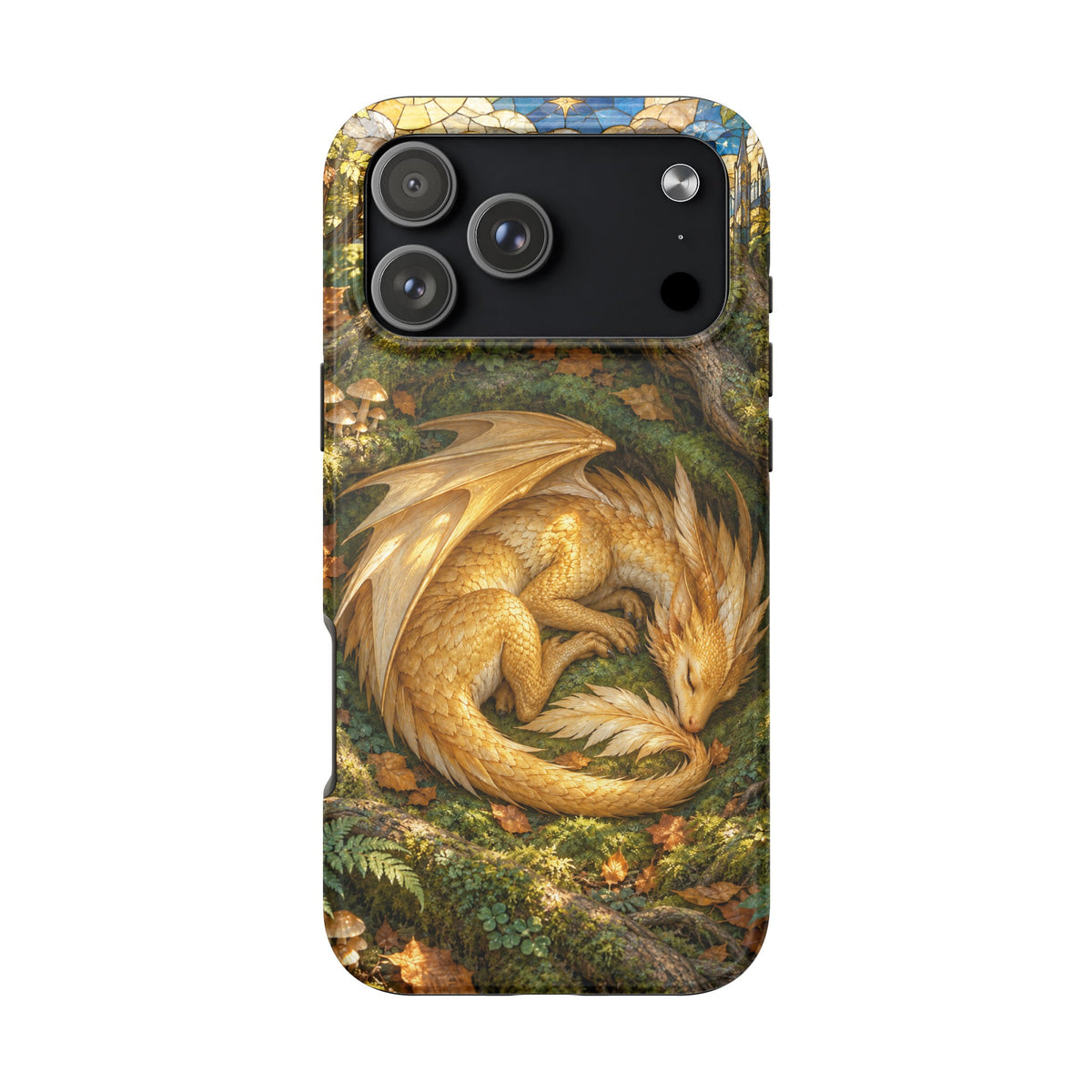 A black smartphone case featuring a detailed fantasy illustration of a golden dragon sleeping in a forest.