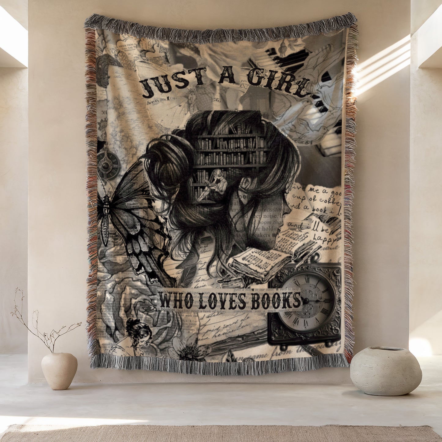 a large tapestry hanging on a wall, depicting a woman surrounded by various books and a butterfly. The tapestry has a text that reads "Just a girl who loves books".