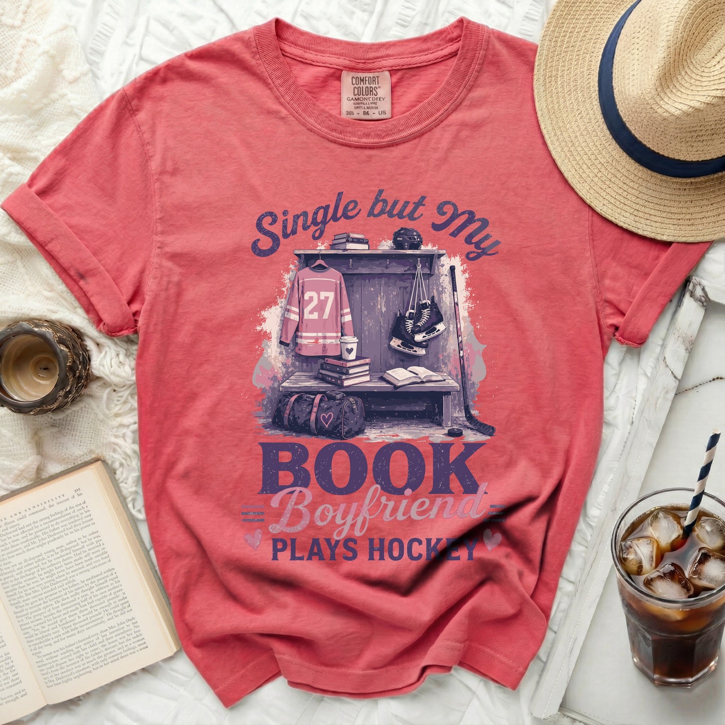 Red t-shirt with "Single but My Boyfriend Plays Hockey" text and hockey gear graphic.