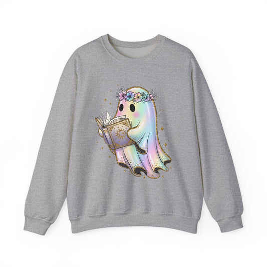 Reading Ghost with Floral Crown Fantasy Art Sweatshirt - MagicMerchEmporium