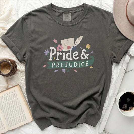 Gray t-shirt with "Pride & Prejudice" text and floral graphic.