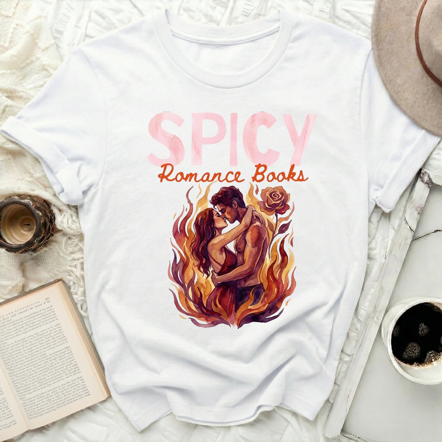 Spicy Romance Books Graphic Tee with Fiery Illustration