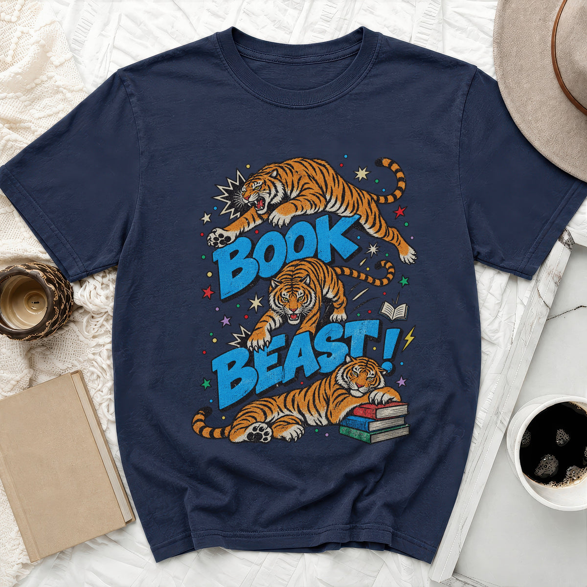 Navy t-shirt with tigers and text reading "BOOK BEAST!"