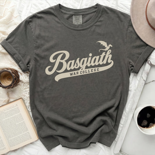 Charcoal grey t-shirt with "Basgiath War College" and dragon graphic.