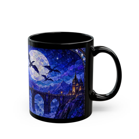 Black ceramic mug featuring a blue fantasy stained glass design with flying dragons, a castle, and a full moon.