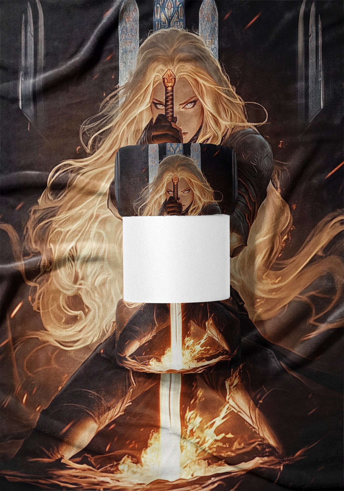 Warrior with Fiery Sword Striking Pose Blanket