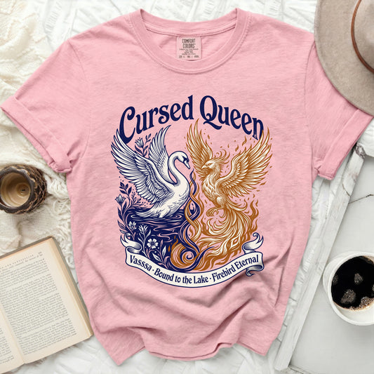 Pink t-shirt with "Cursed Queen" graphic of a swan and phoenix.